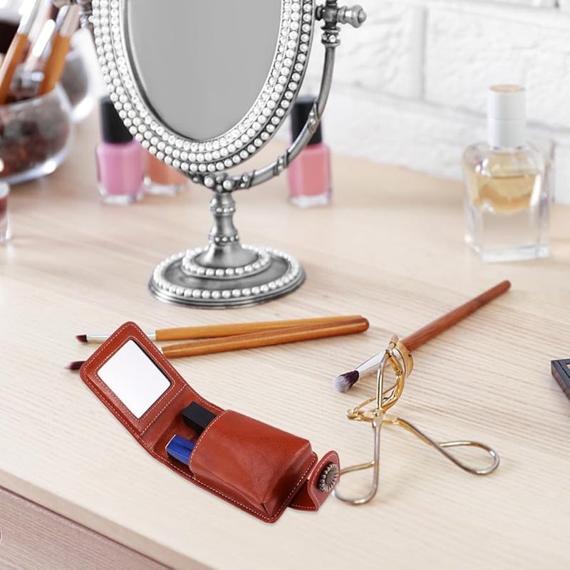 Wine Red Pu Leather Lipstick Case With Mirror For Travel Makeup Storage - Image 5
